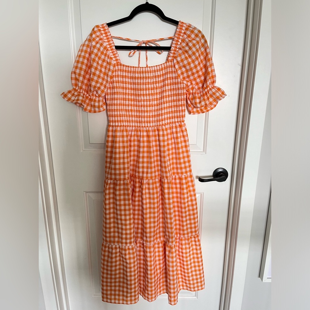 ZESICA Gingham Check Plaid Square Neck Puff Sleeve Ruffle Flowy Beach Midi Dress